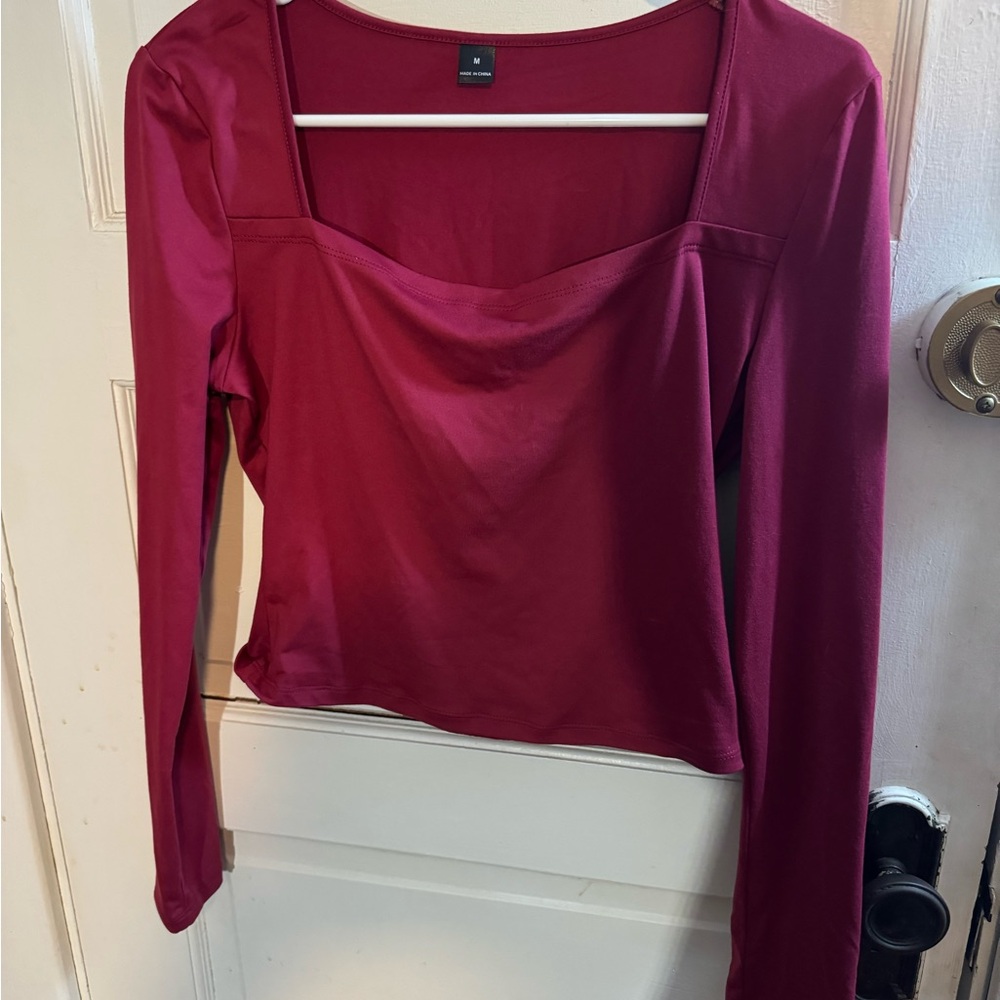 SHEIN Long Sleeve Square Neck Top - Burgundy Wine